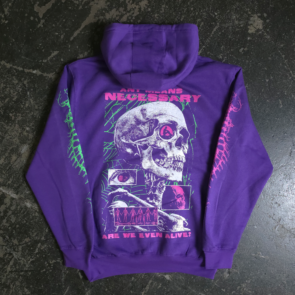 Are We Even Alive Pullover Hoodie Purple Any Means Necessary Clothing